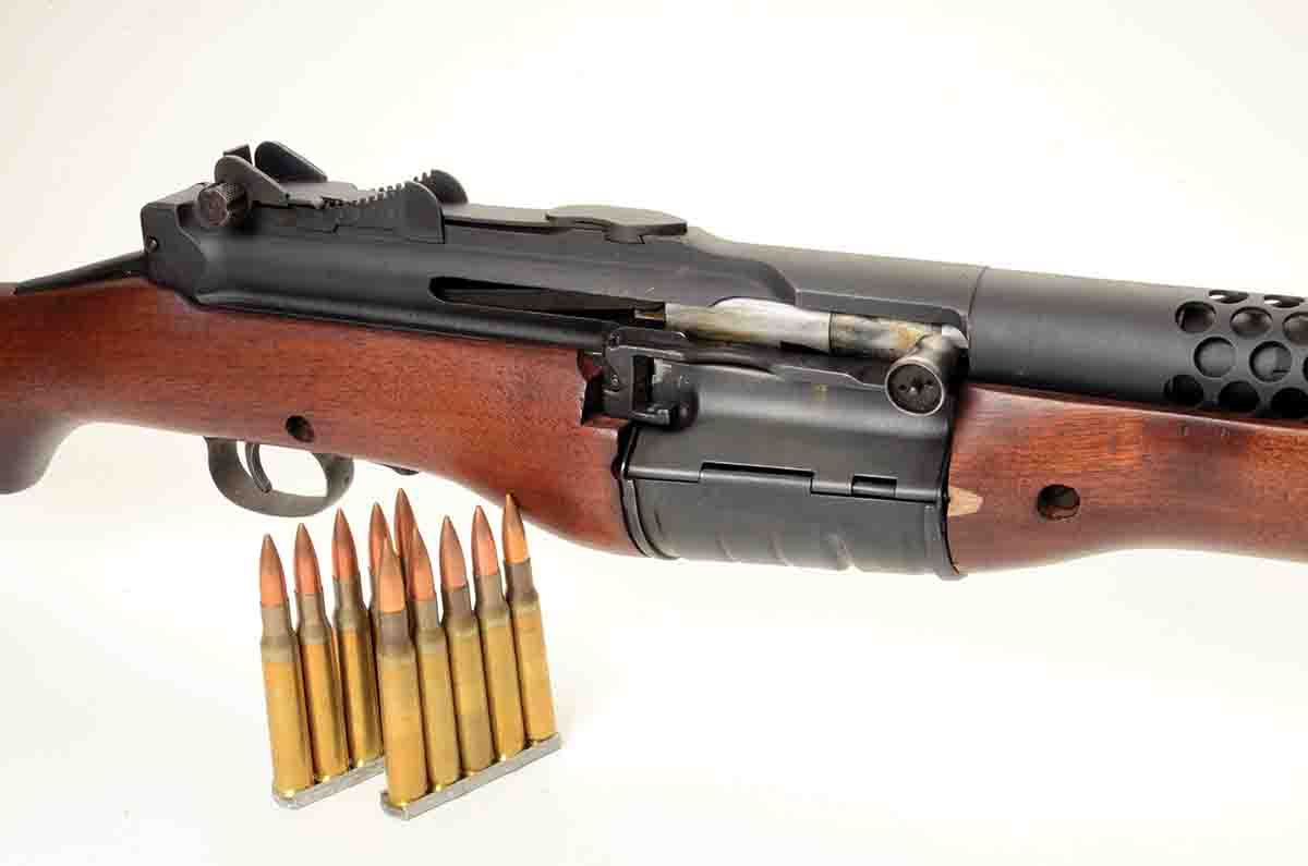 The Model 1941 Johnson .30-06 has a “pregnant” appearance due to its 10-round rotary magazine. It could be loaded by five-round stripper clips or with single rounds.
